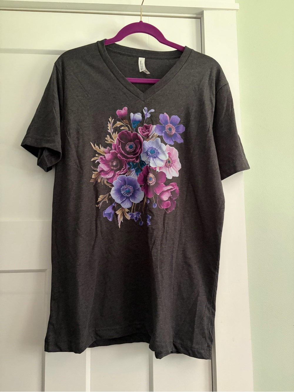 Bella Canvas Charcoal V-Neck Tee with Purple and Pink Floral Print